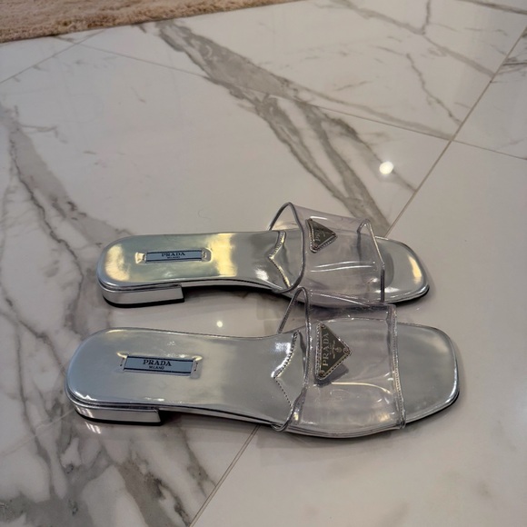 Prada Ciabette Clear Flat Sandals in Argento - Picture 4 of 9